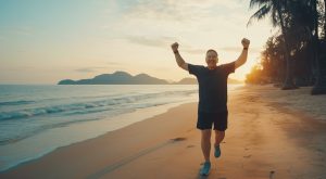 a middle aged man does ultimate recovery water fasting at thelifeco, walking at beach