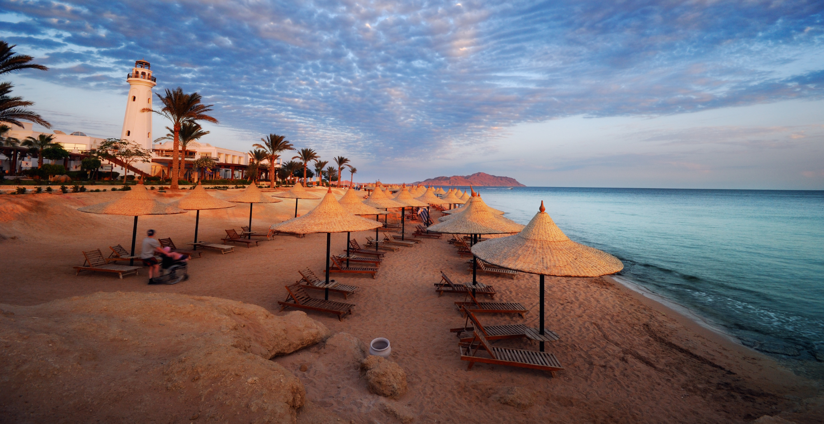 Beachfront setting in Sharm El Sheikh with the Red Sea in the background