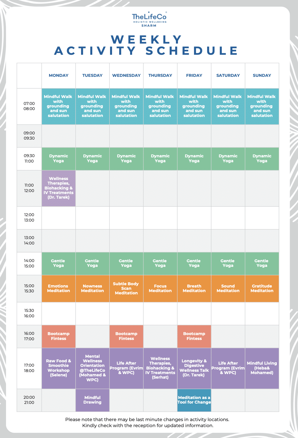 Weekly activities at TheLifeCo Sharm wellness retreat