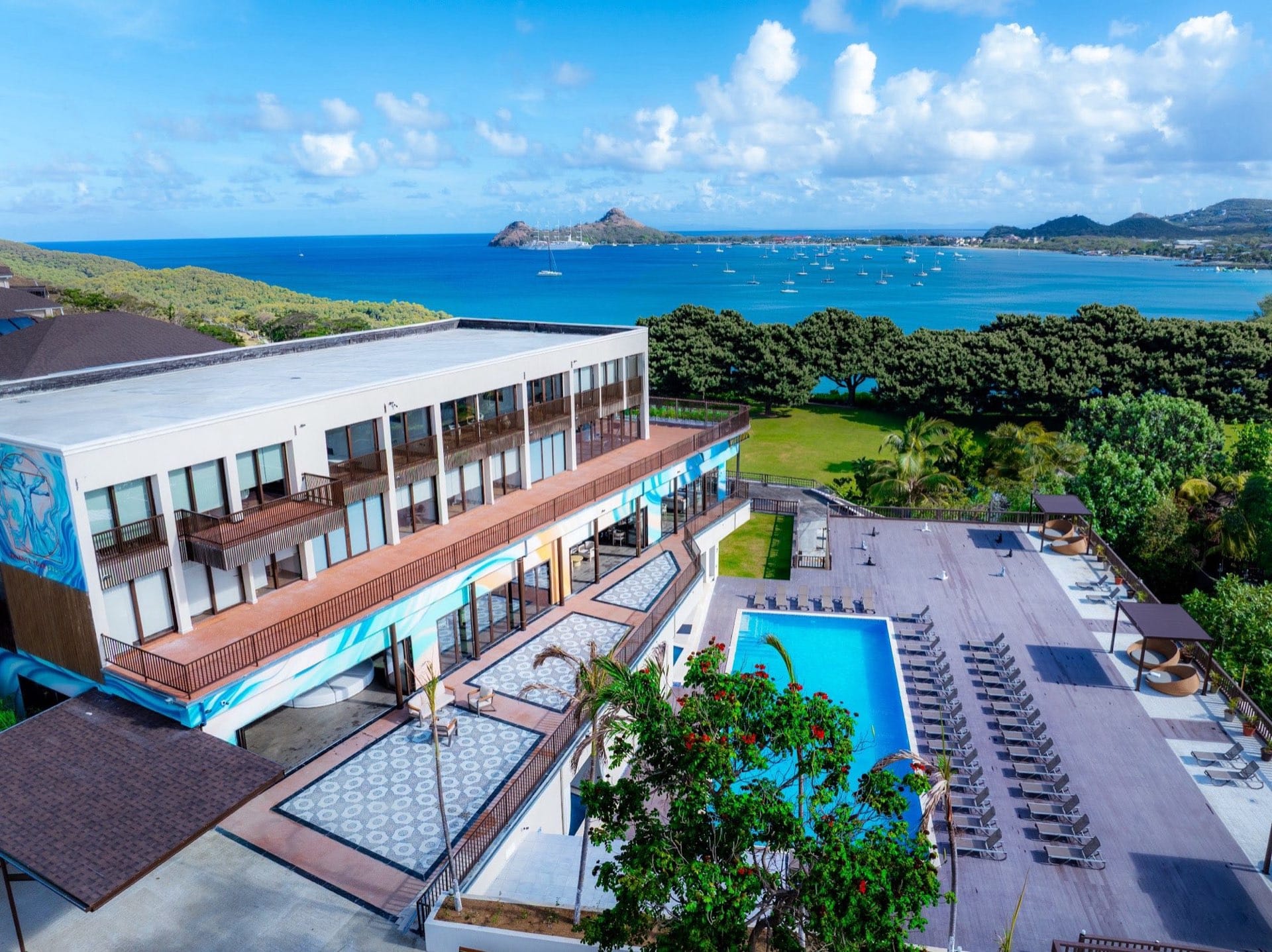 Aerial view of TheLifeCo St. Lucia overlooking the Caribbean Sea